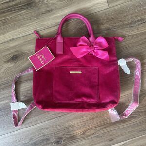 NWT  Juicy Couture Pink  Velvet Tote convertible Bag / Backpack With Bow Accent